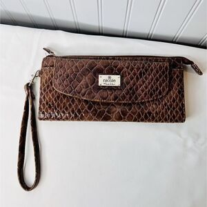 Faux Crocodile Brown Clutch Nicole Miller "Kate" Flap Wristlet Purse Croc NEW B1